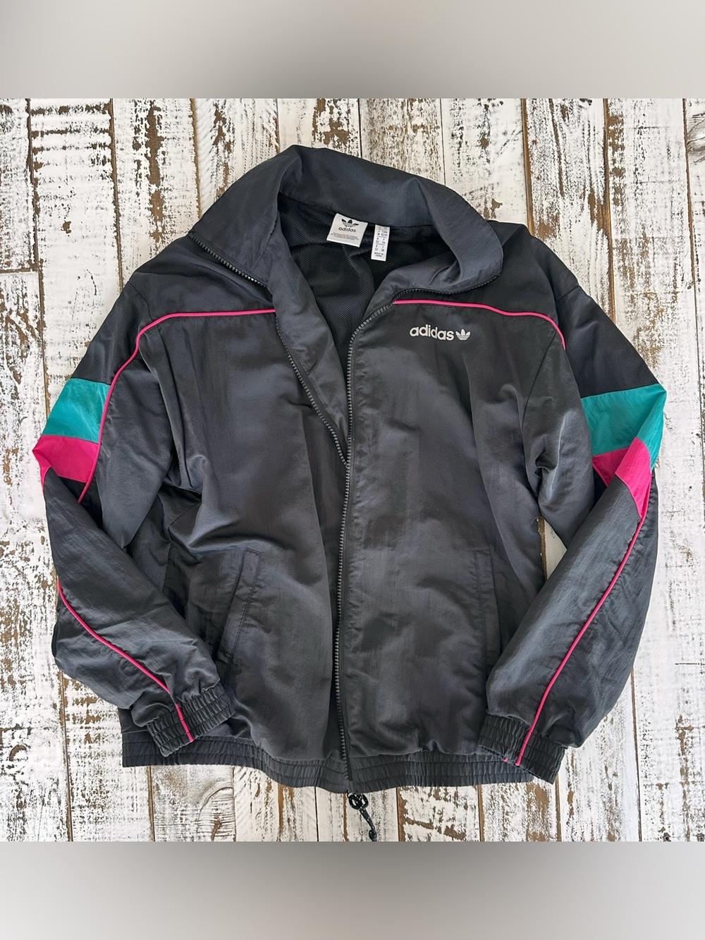 adidas Women's Black Retro-Style Windbreaker Jacket with Teal & Pink Accents